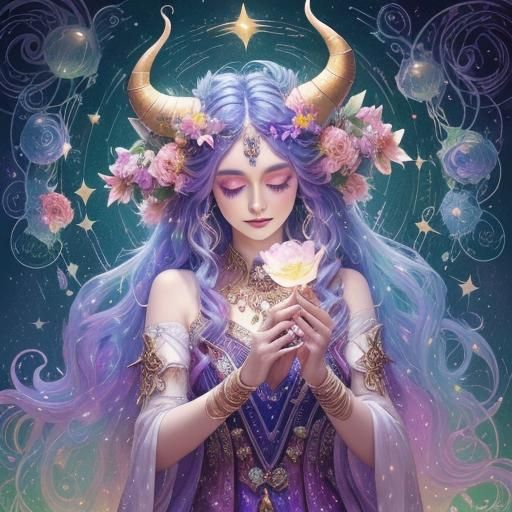 Mystical Figures with Floral Horns in Dreamy World