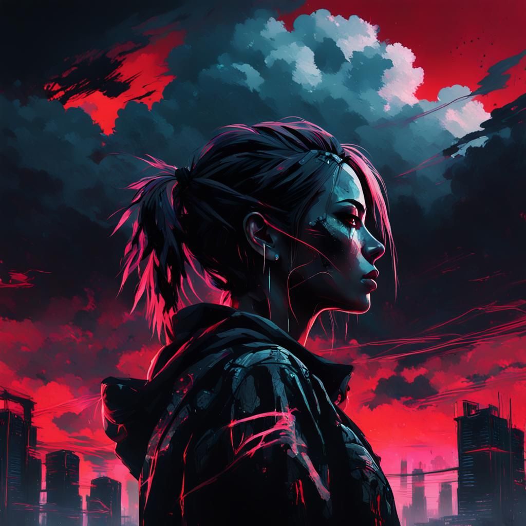 Cyberpunk Girl Silhouette in Double Exposure Neon Style