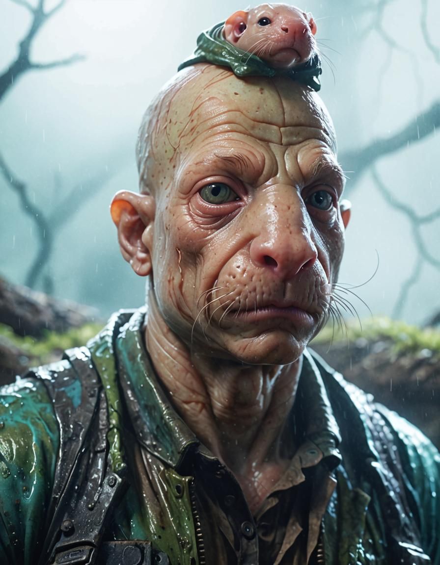 Hairless Mole Rat Man in Bioluminescent Tunnel