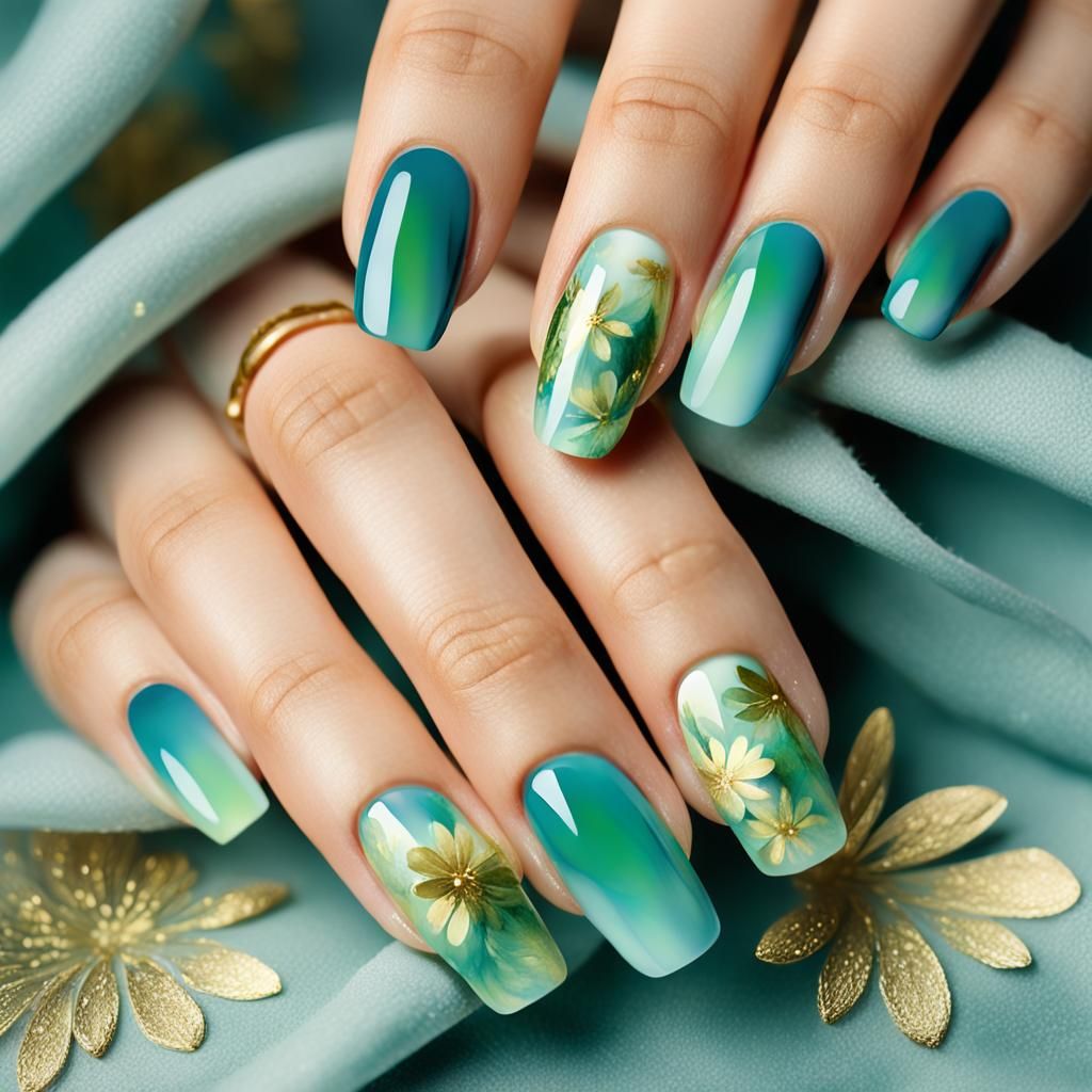 Green Floral Nail Art with Gold Accents in Watercolor