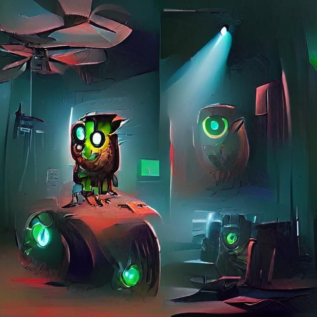 Robotic Owl with Glowing Eyes: Concept Art