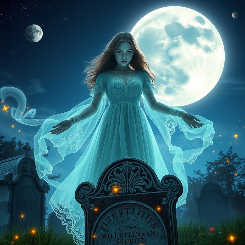 Ethereal Spirit Hovering Over Grave with Neon Effects