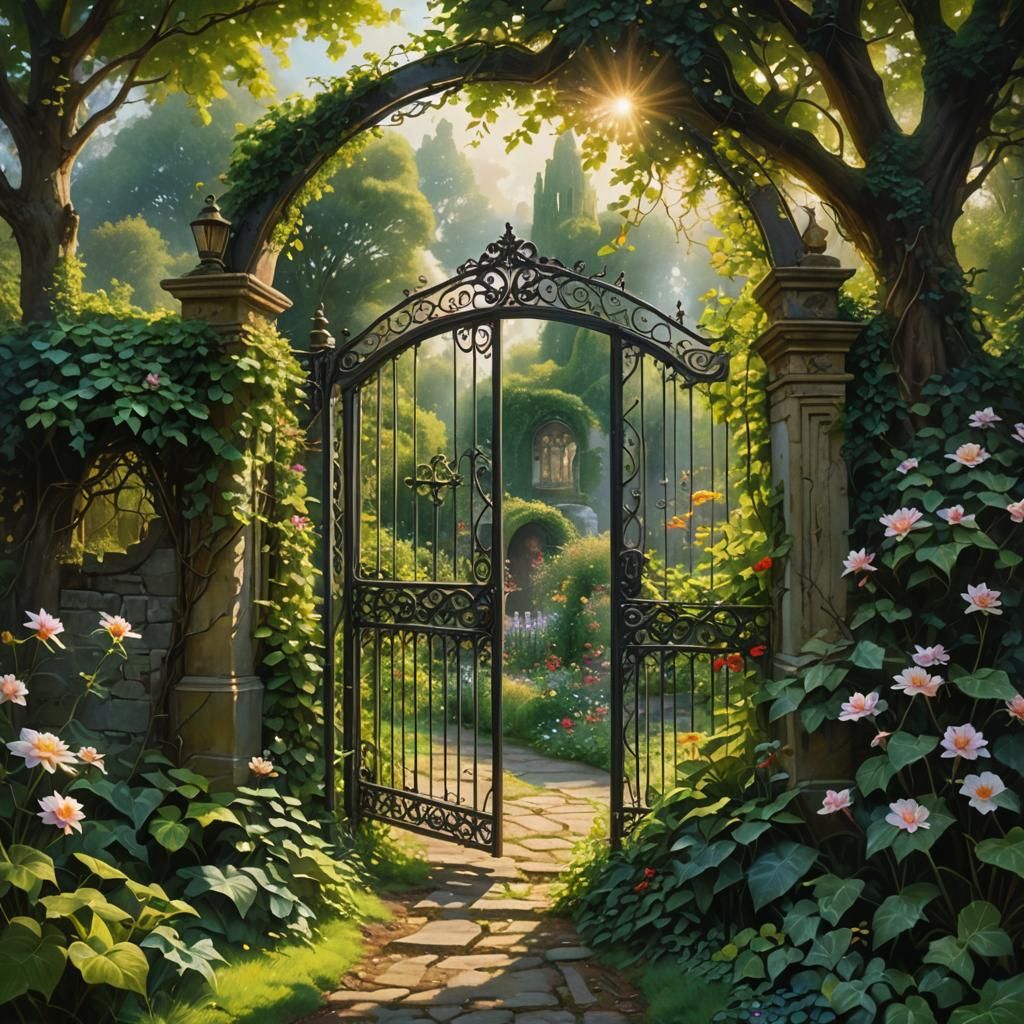 Enchanted Garden Behind Overgrown Iron Gate