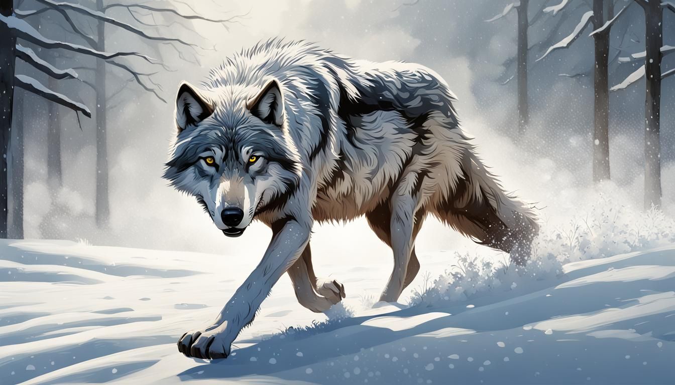 Monochromatic Wolf Walking Through Blizzard in Hyperrealism