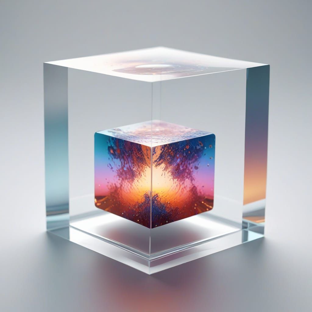 Surreal Glass Cube Universe in Vibrant, Swirling Cosmic Patt...