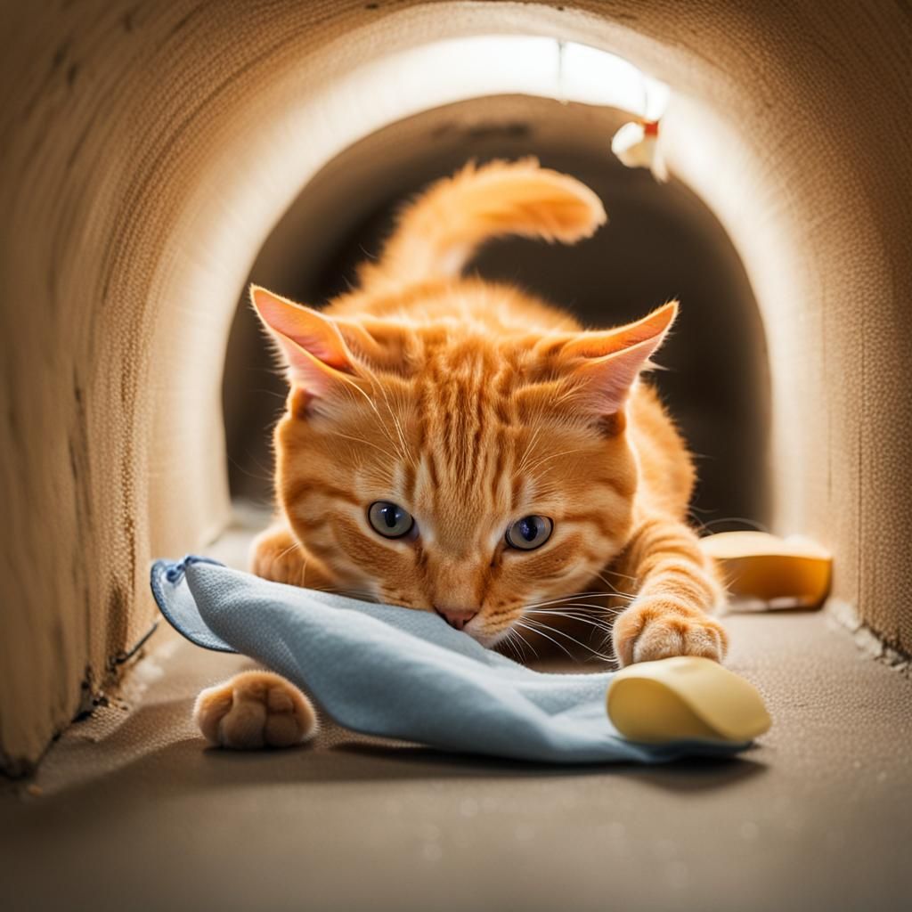 Orange Cat Plays with Toy Mouse in Tunnel