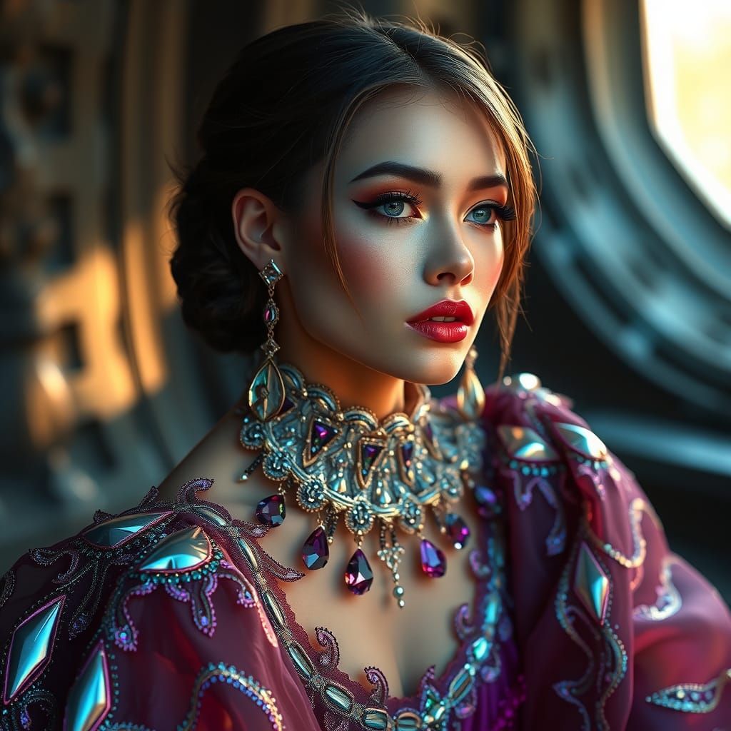 Ethereal Woman in Futuristic Gown: Hyperrealistic Digital Ar...