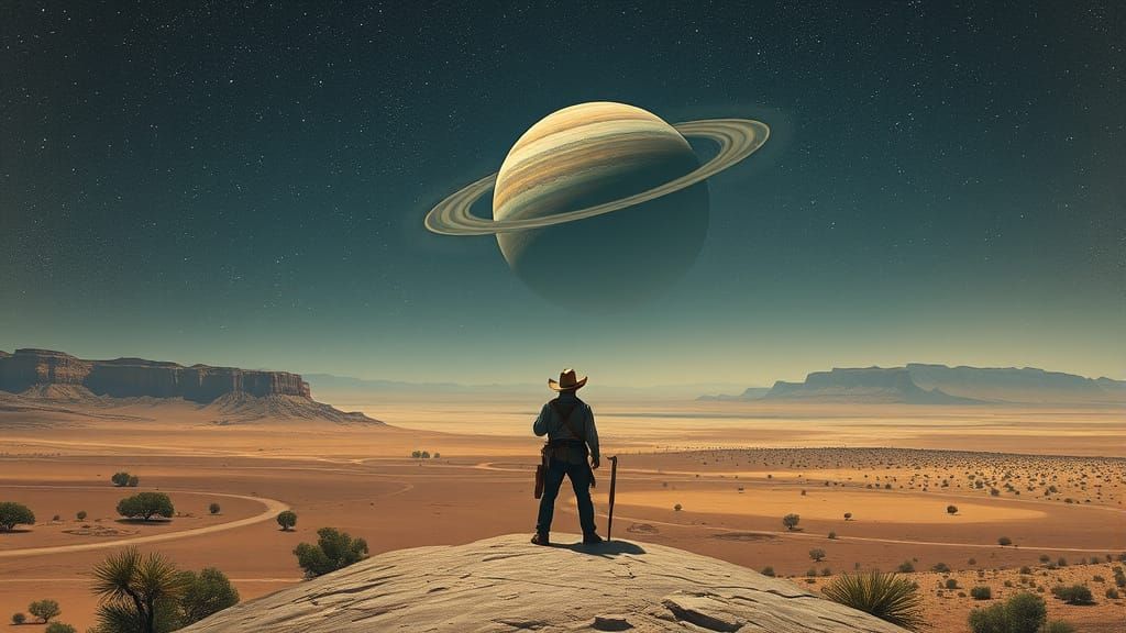 Cowboy on Alien Mesa in Rockwell Style