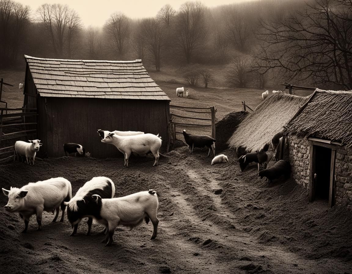 Medieval Farmyard with Animals in Monochrome Lith Print