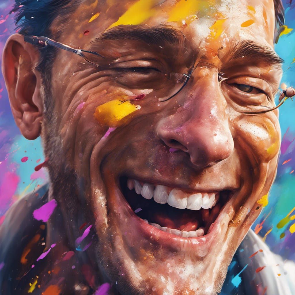 Laughing Man: Hyperrealistic Splash Art Portrait