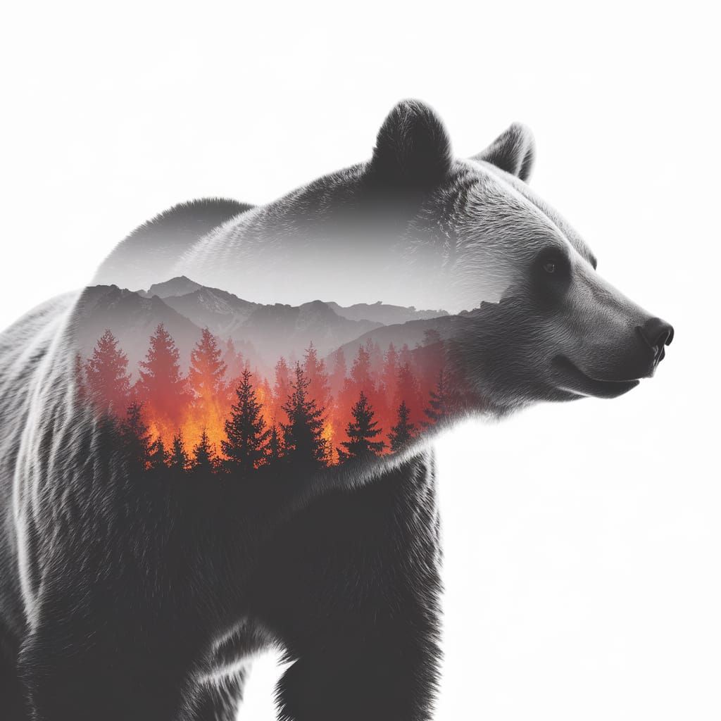 Surreal Bear Portrait Blending with Fiery Forest Landscape
