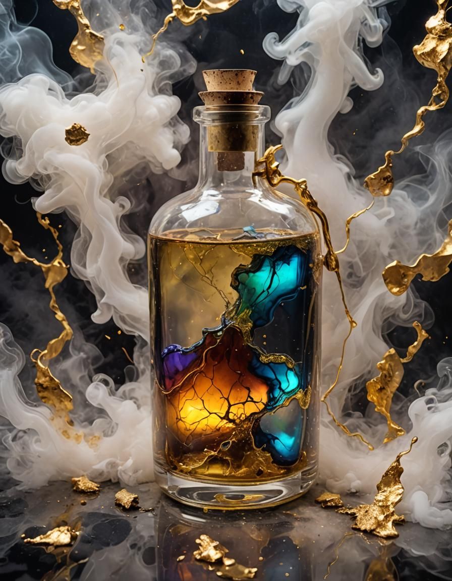 Iridescent Liquid in Glass Flask with Smoke