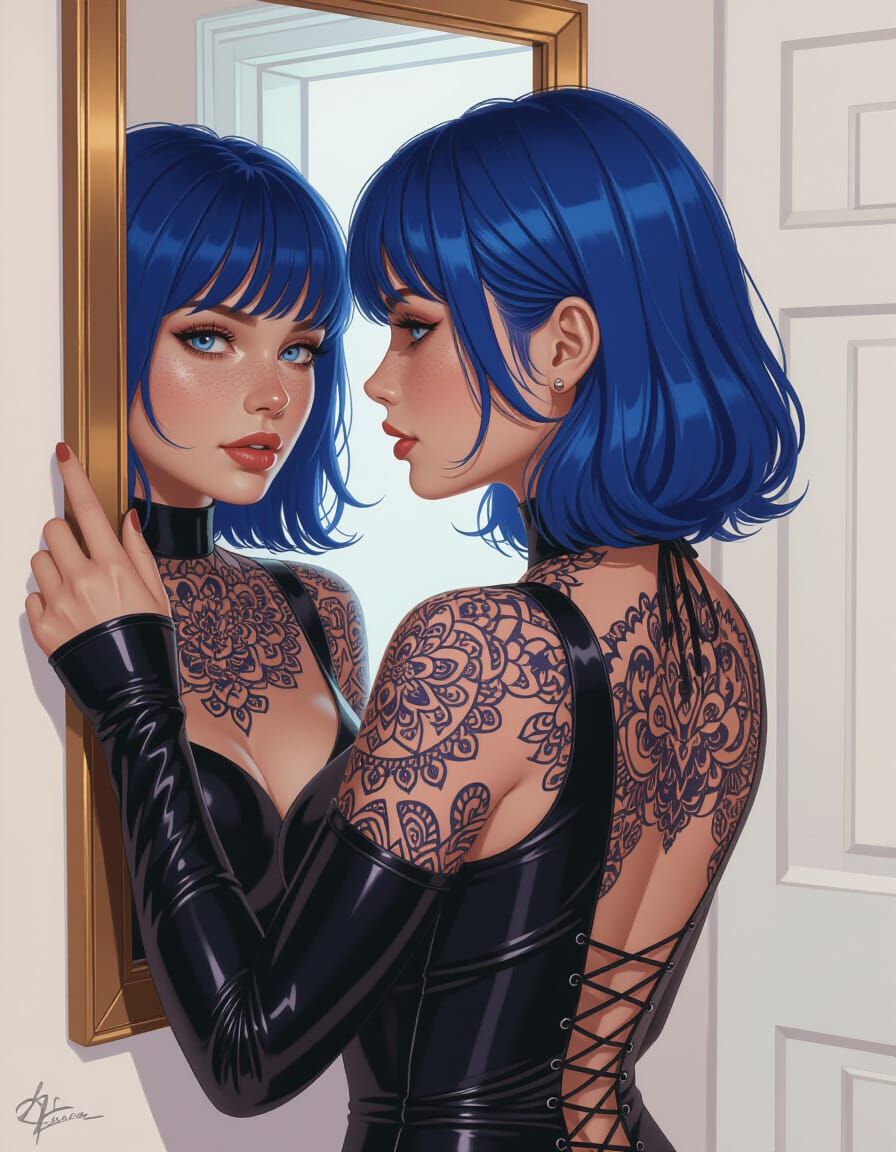 Realistic Woman With Blue Hair Gazes Into Mirror