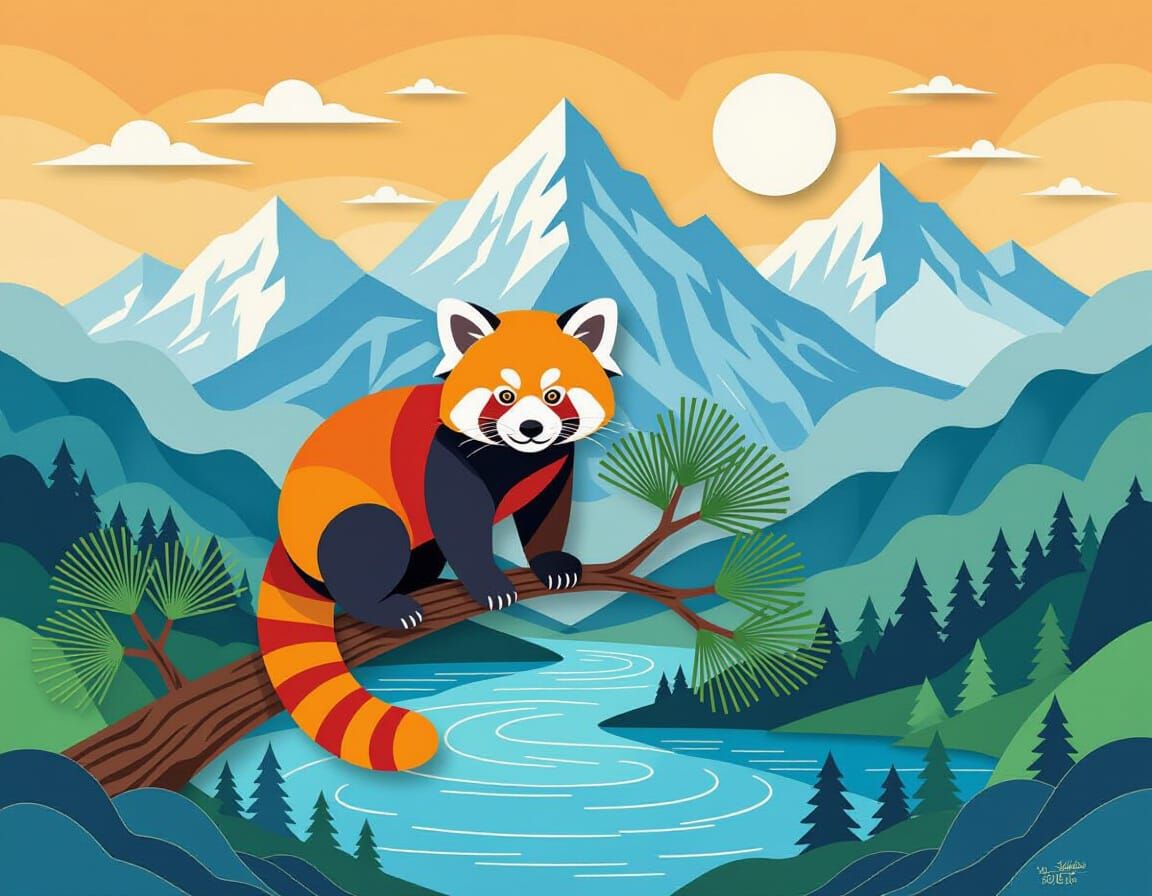 Red Panda in Layered Kirigami Style Above Mountain Lake