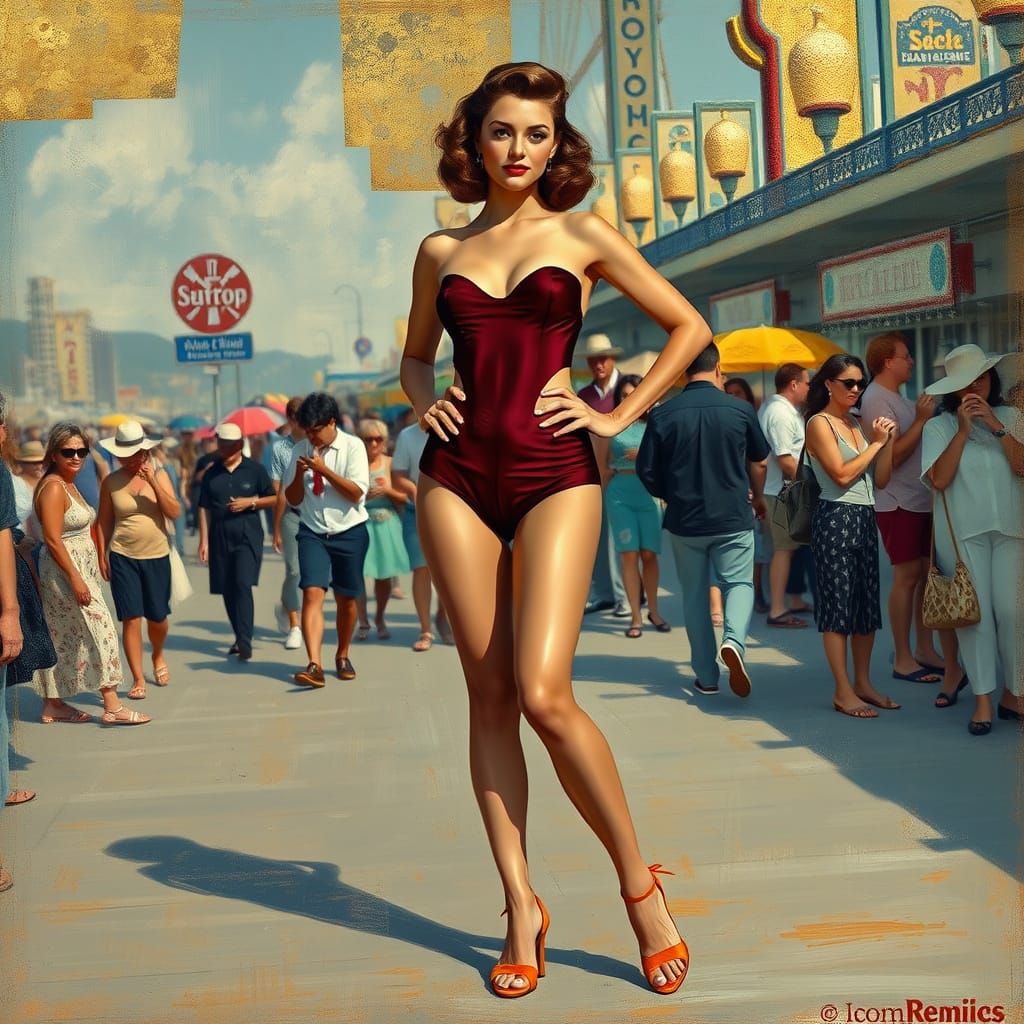 Pin-Up Woman on Boardwalk in Picasso-Klimt-Renoir Style