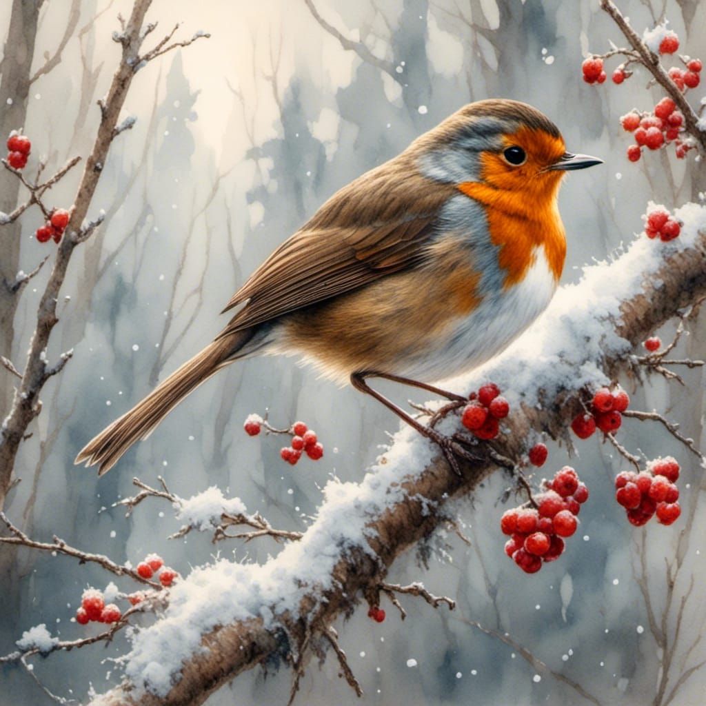 Robin in Winter Wonderland: Serene Watercolor Scene