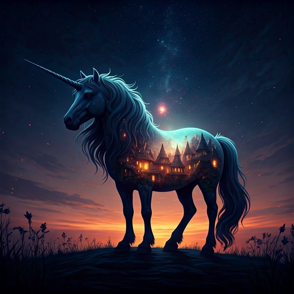 Magical Fairy Village Within Unicorn Silhouette