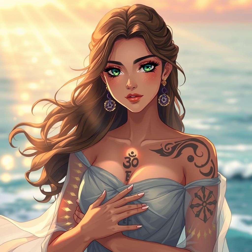 Mystical Seashore Goddess in Dreamy Anime Style