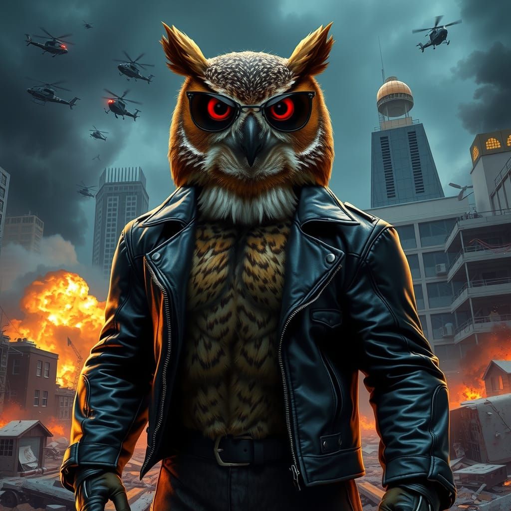 Muscular Owl Terminator in War-Torn Cyberpunk City