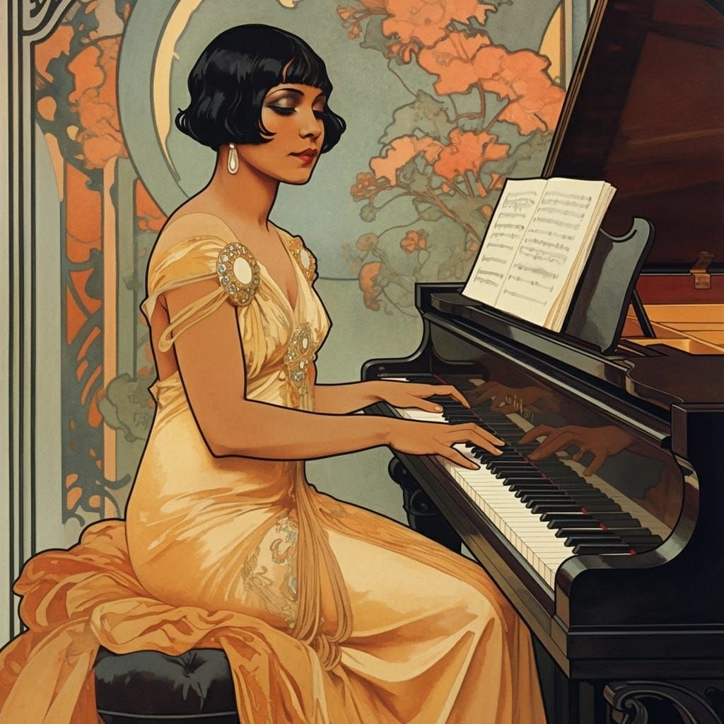 Elegant 1930s Woman Plays Piano in Golden Art Deco Gown