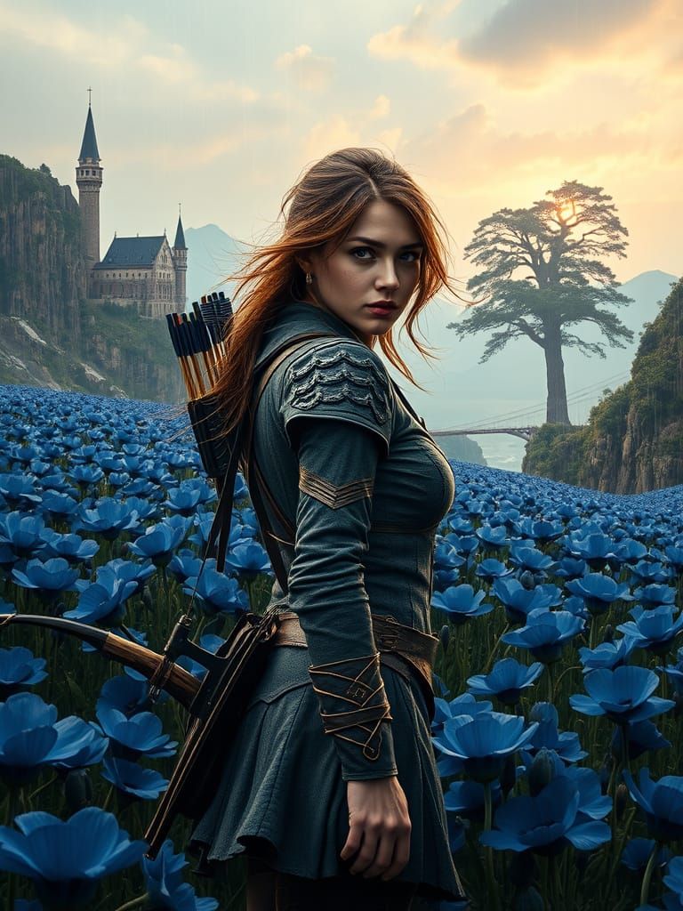 Realistic Digital Huntress in Surreal Landscape with Castle ...