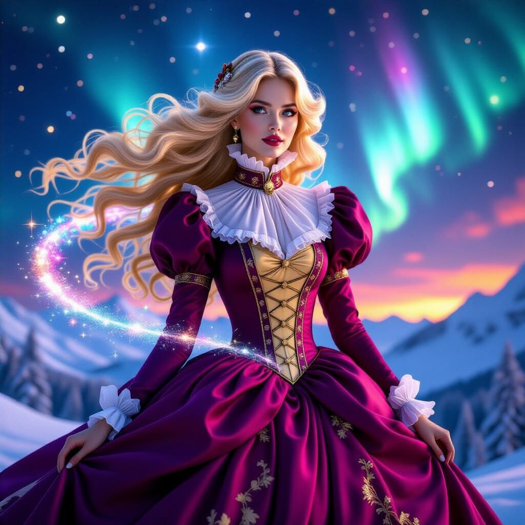 Victorian Woman with Flowing Hair and Cosmic Lights