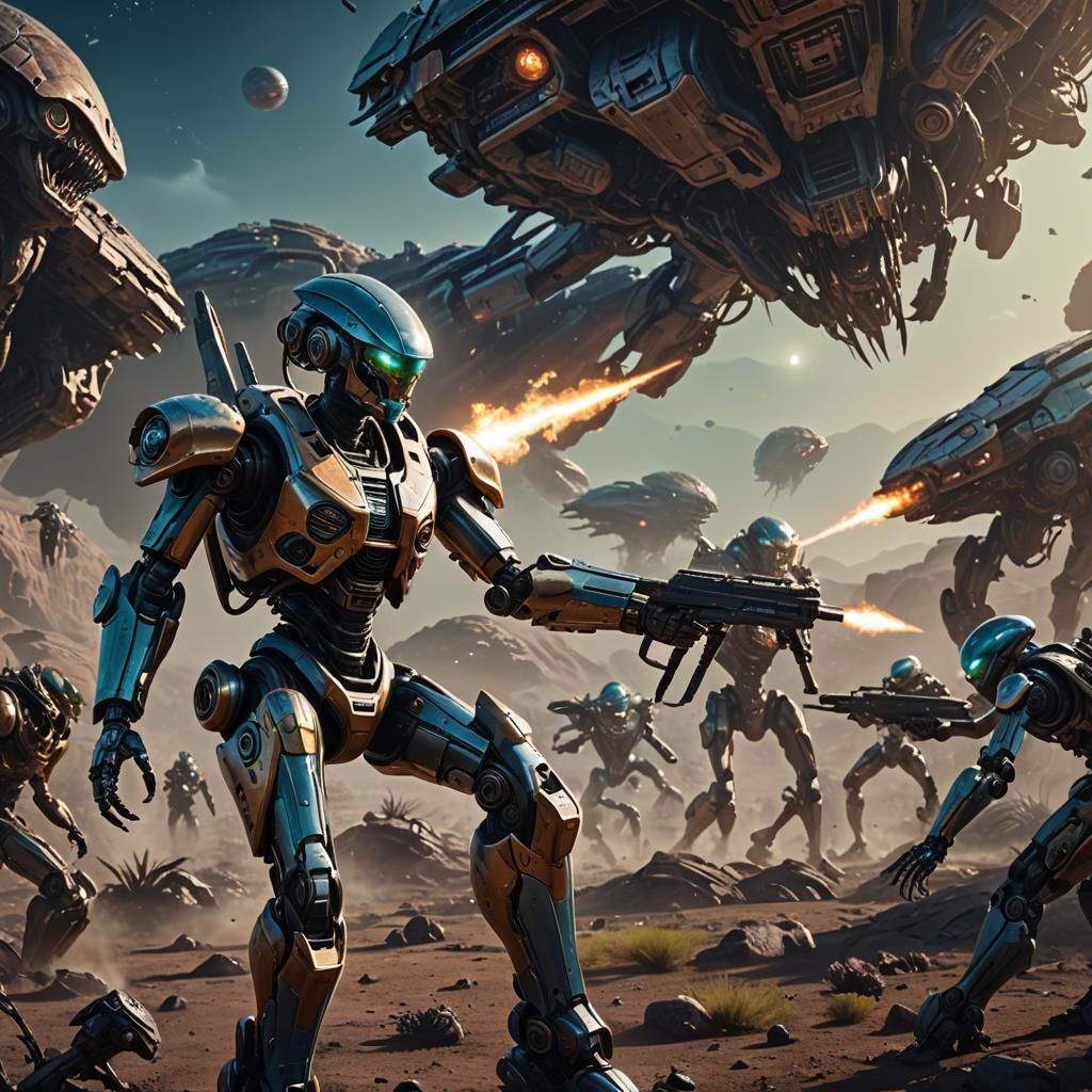 Female Robot Battles Aliens: Detailed Matte Painting