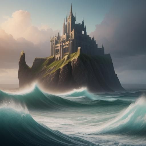 Woman Plays Harp on Shore in Dreamlike Art