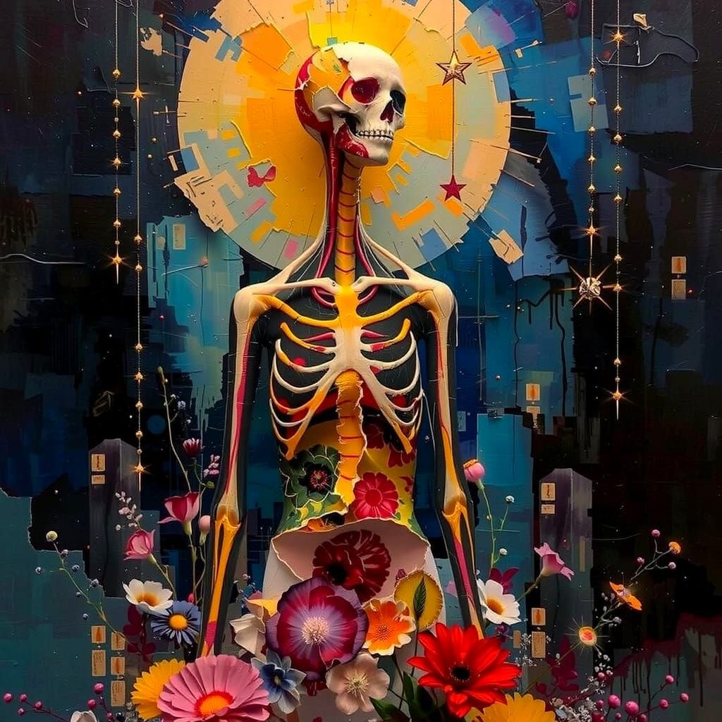 Human Anatomy Sculpture in Sunburst with Floral Impasto