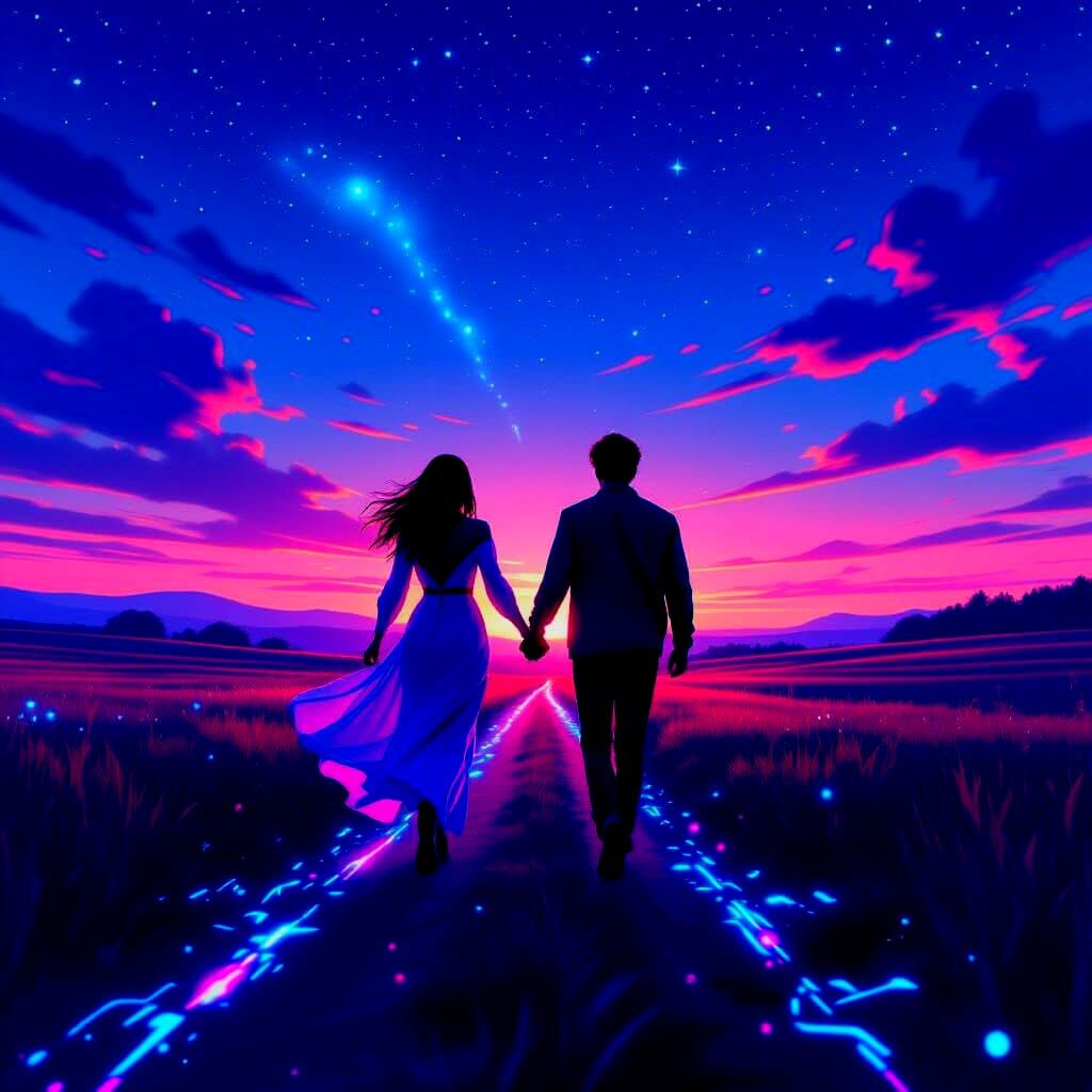 Silhouetted Figures Running in Synthwave Dreamscape