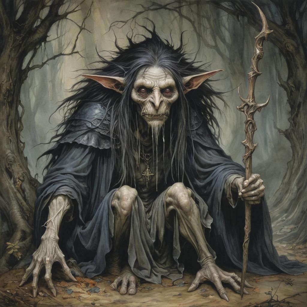 Grimdark Fantasy Scene in Brian Froud Style