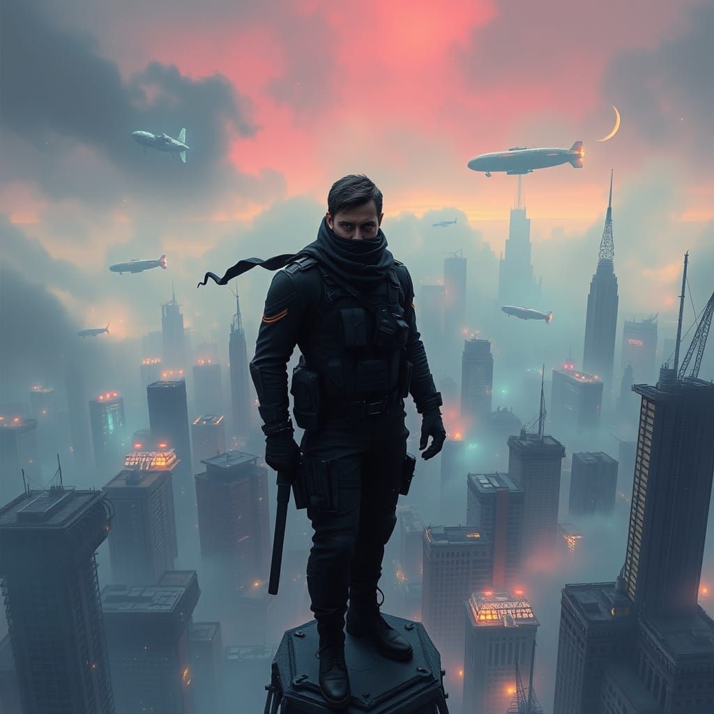 Cyberpunk Hero Stands atop Dystopian Metropolis in Neon-Lit ...