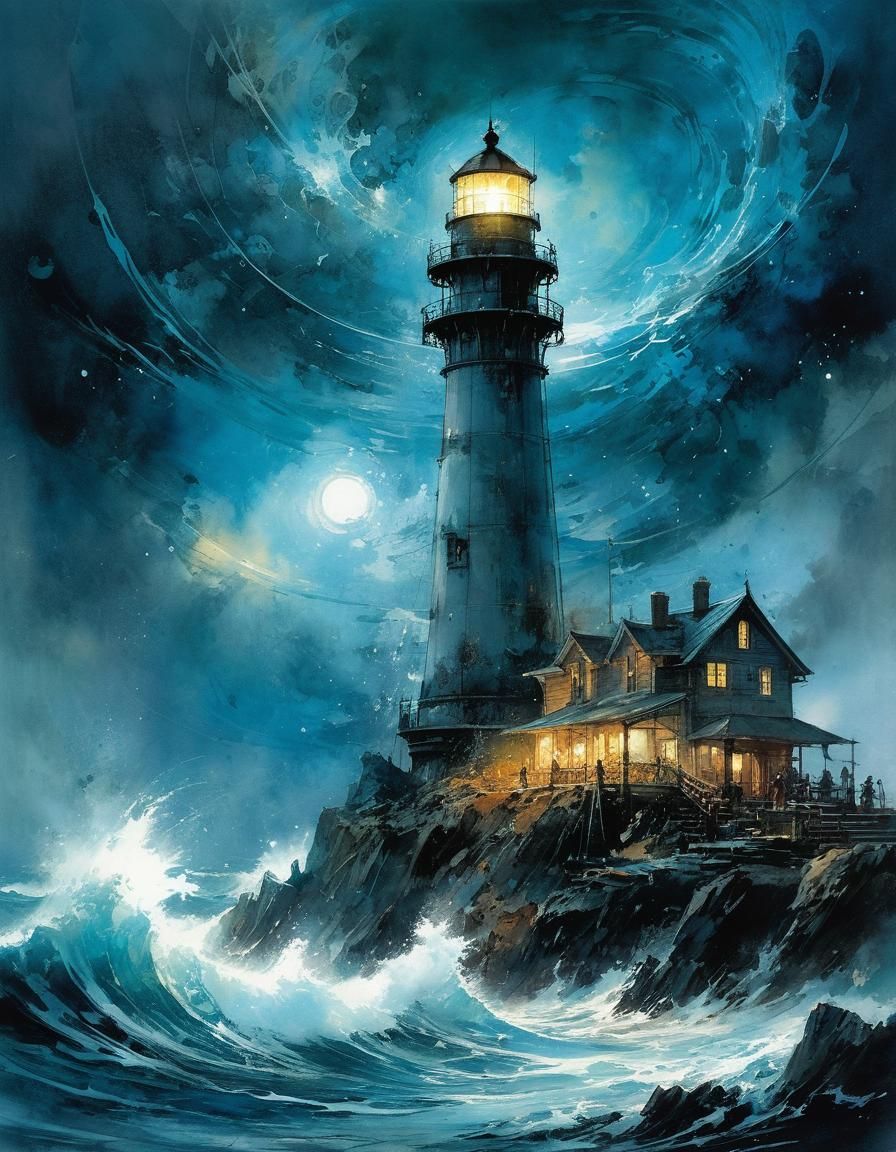 Ocean Storm Lighthouse: Watercolor Fantasy Art