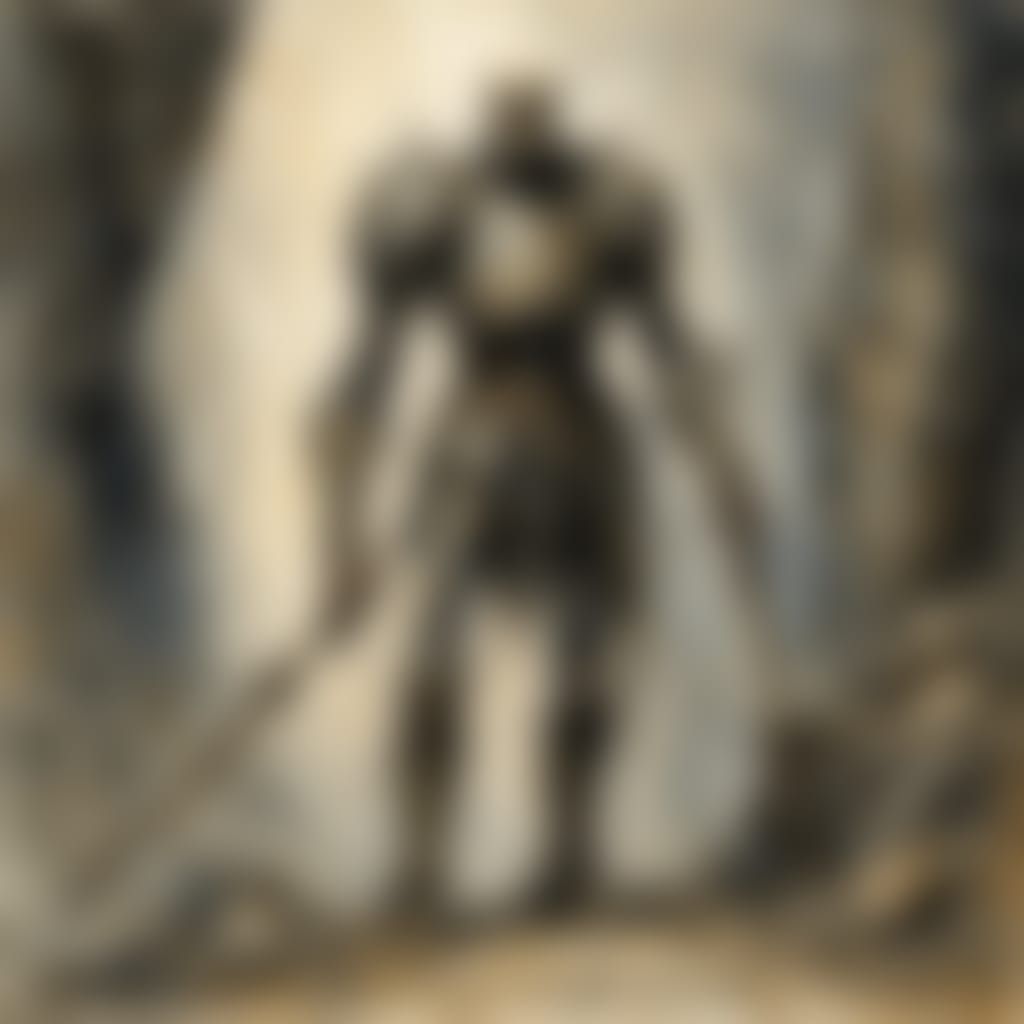 Stone Man in Armor Holding Hammer and Shield