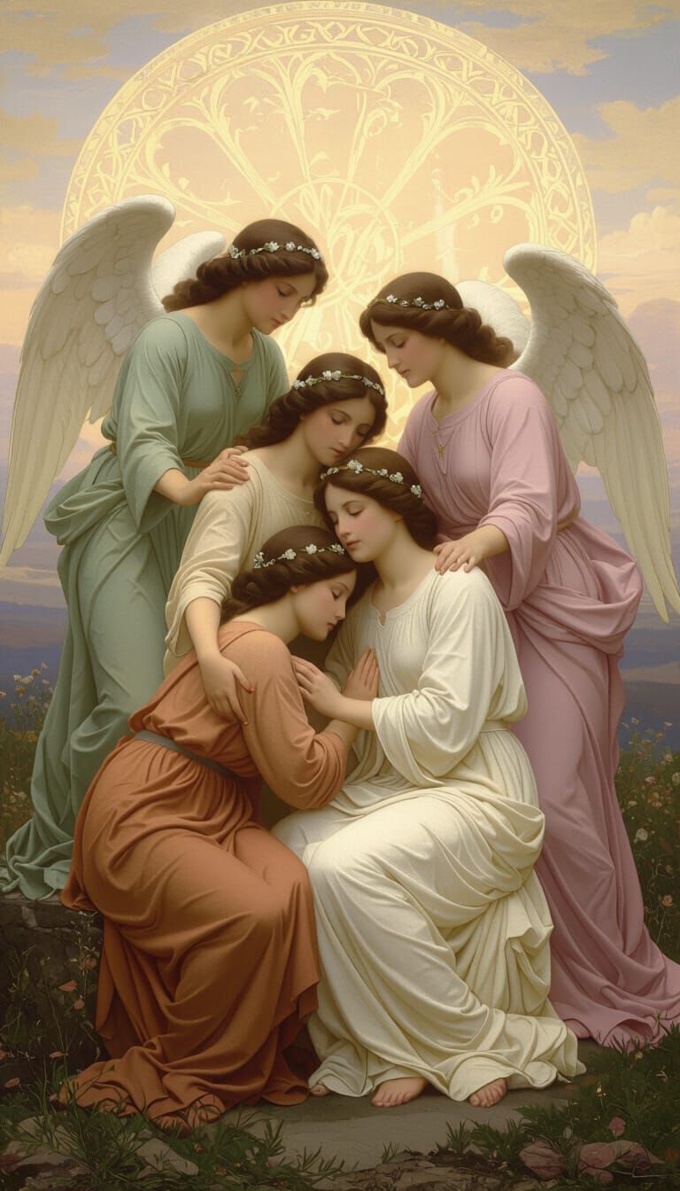 Angels Comforting People in Ethereal Celestial Scene