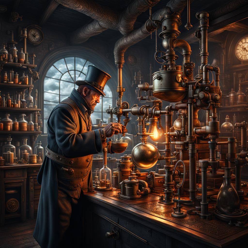 Steampunk Alchemist Mixing Concoction in Lab