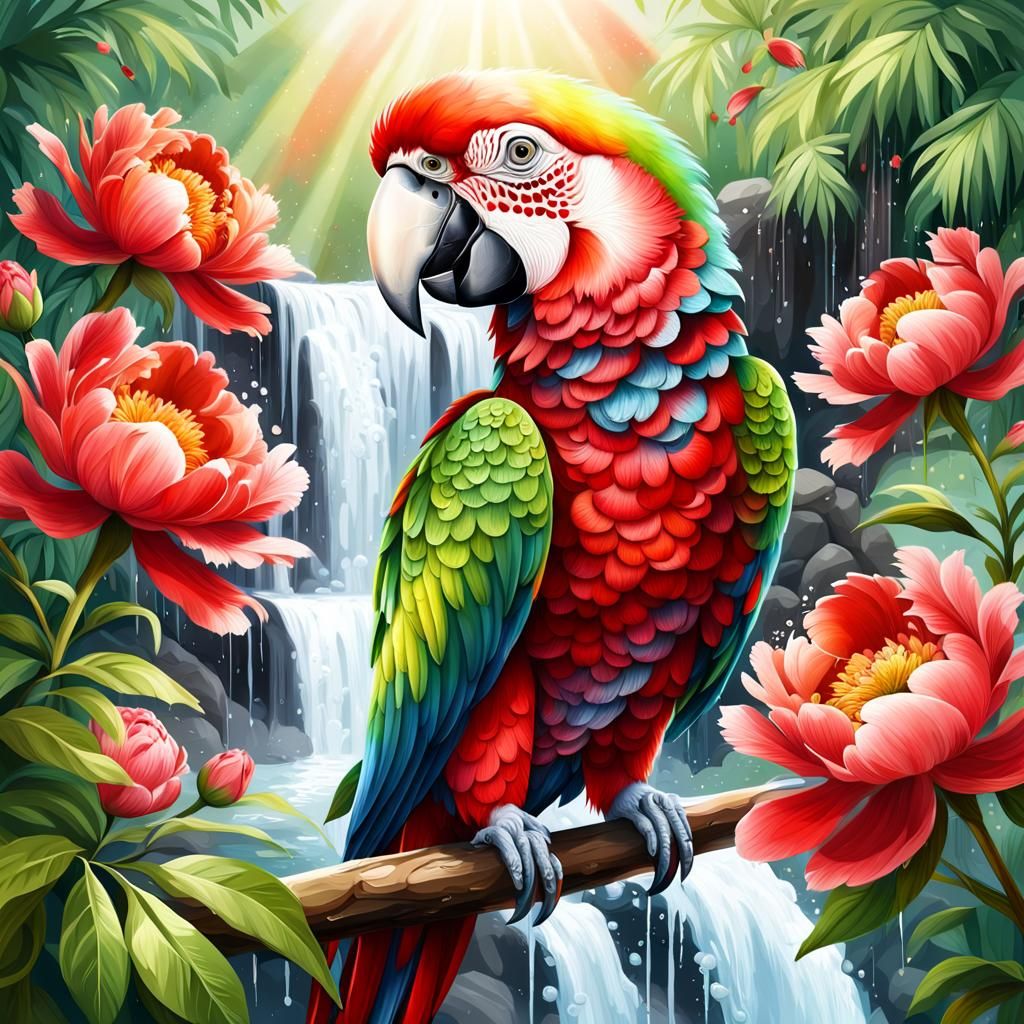 Colorful Parrot with Waterfall: Digital Painting