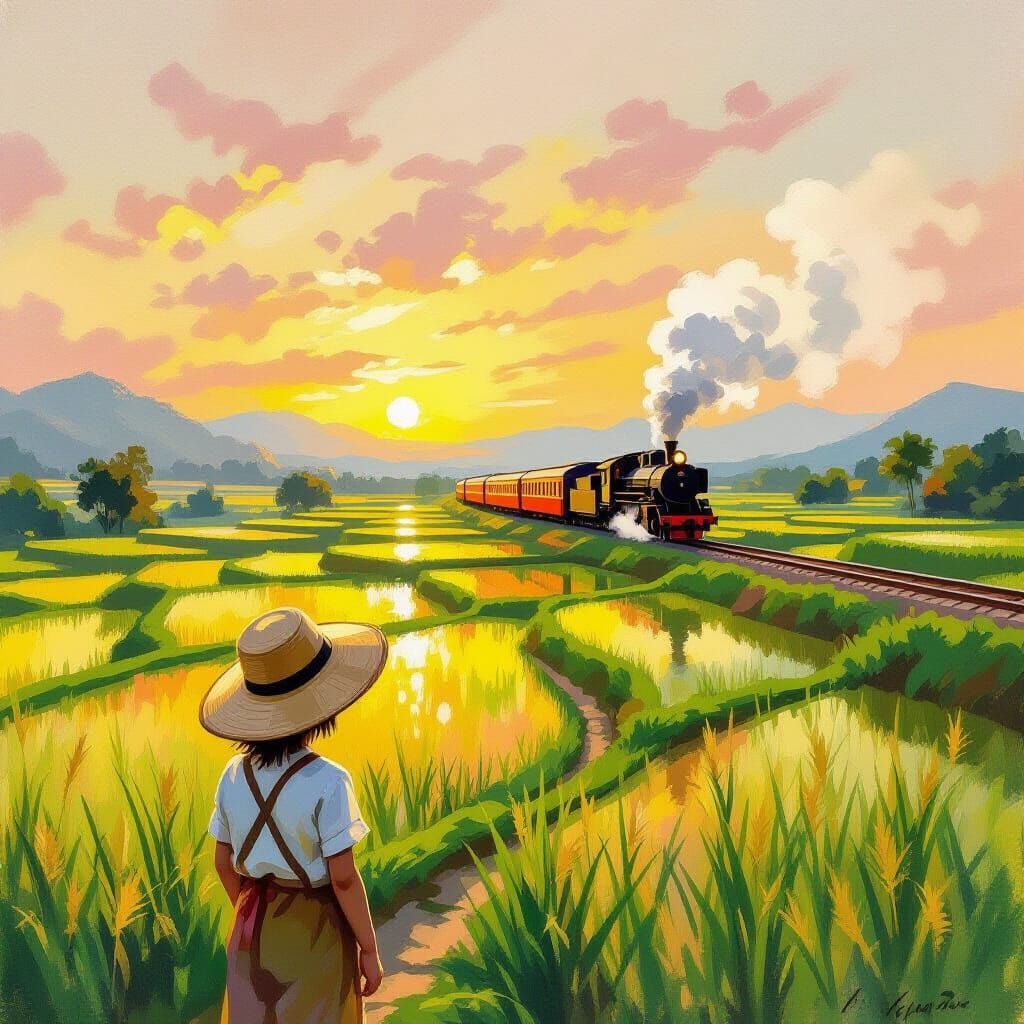 Child Watches Distant Train in Golden Hour Paddy Field