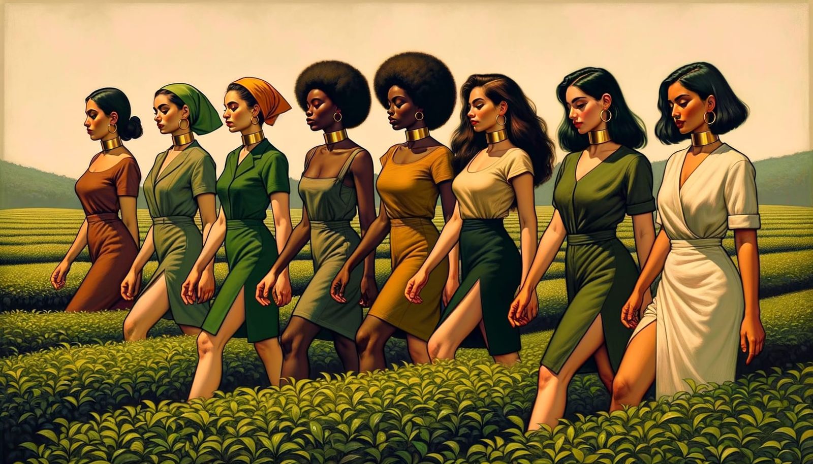 Diverse Women Work on Tea Plantation in Post-Impressionist S...