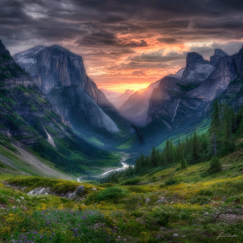 Hyperrealistic Mountain Range Embracing Verdant Valley