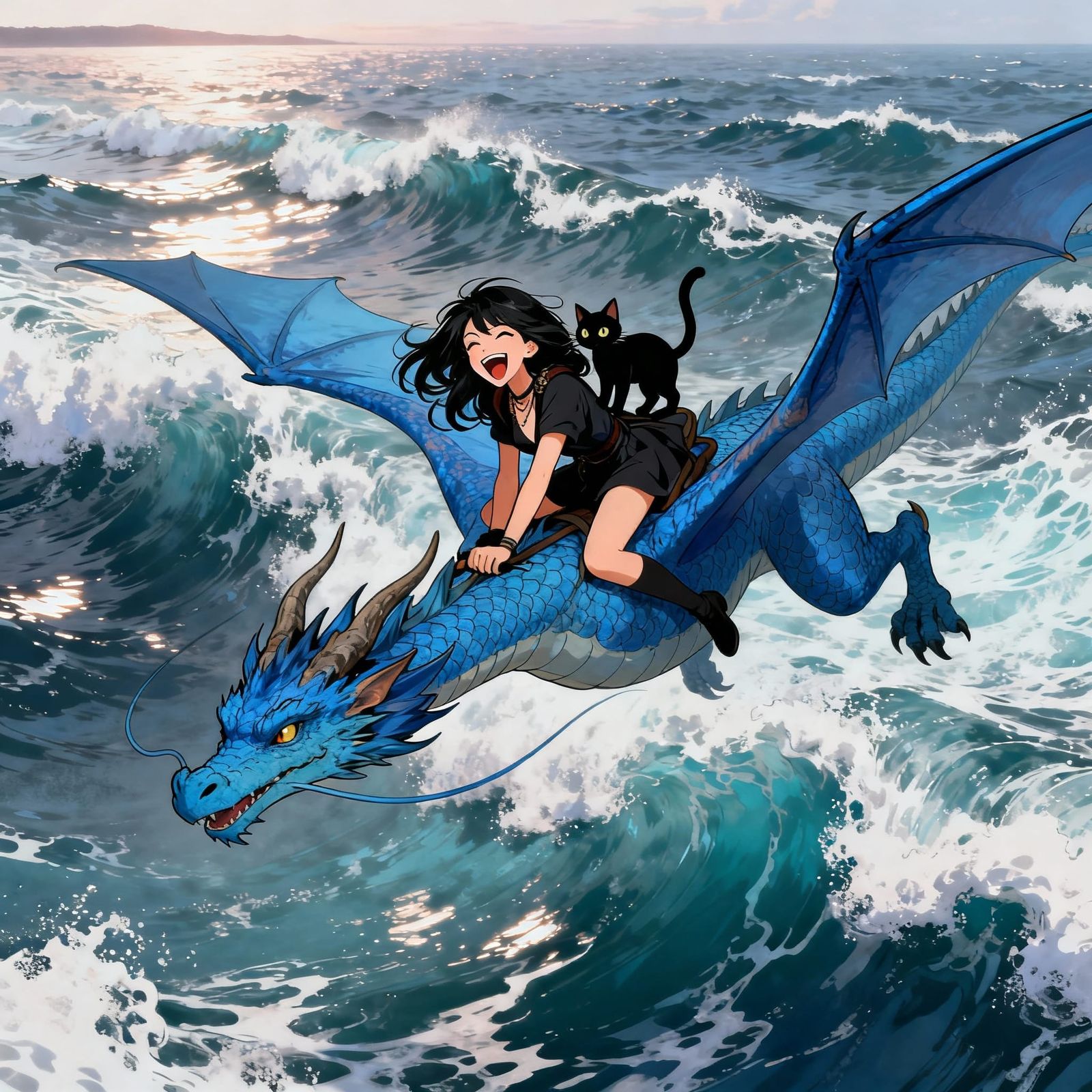 Woman, Cat, and Dragon Soar Over Ocean Waves