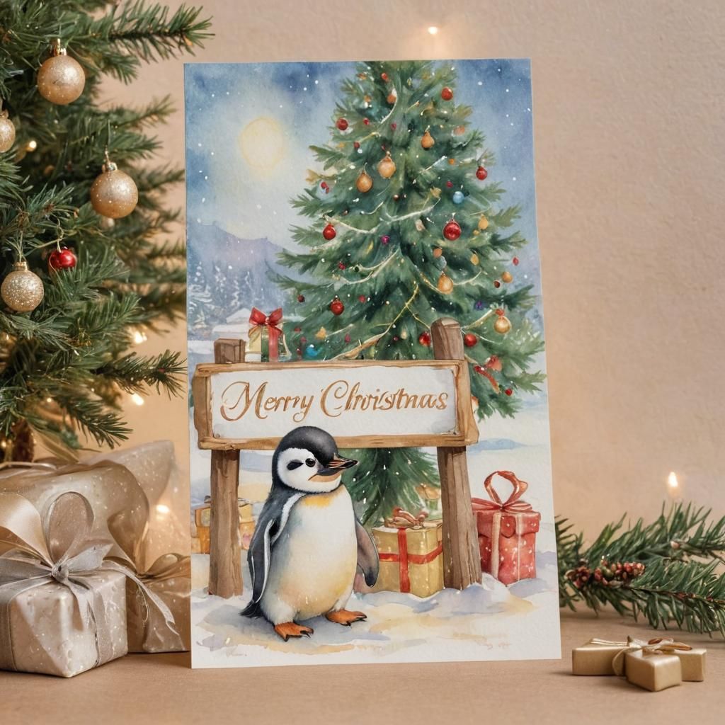 Whimsical Penguin Christmas Scene: Watercolor Illustration