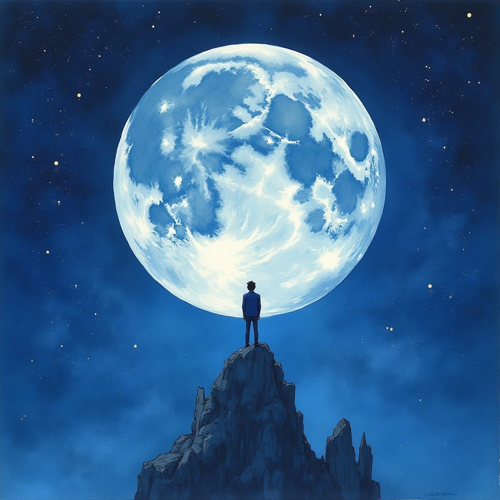 Man in the Moon with Starry Sky, Ghibli Style