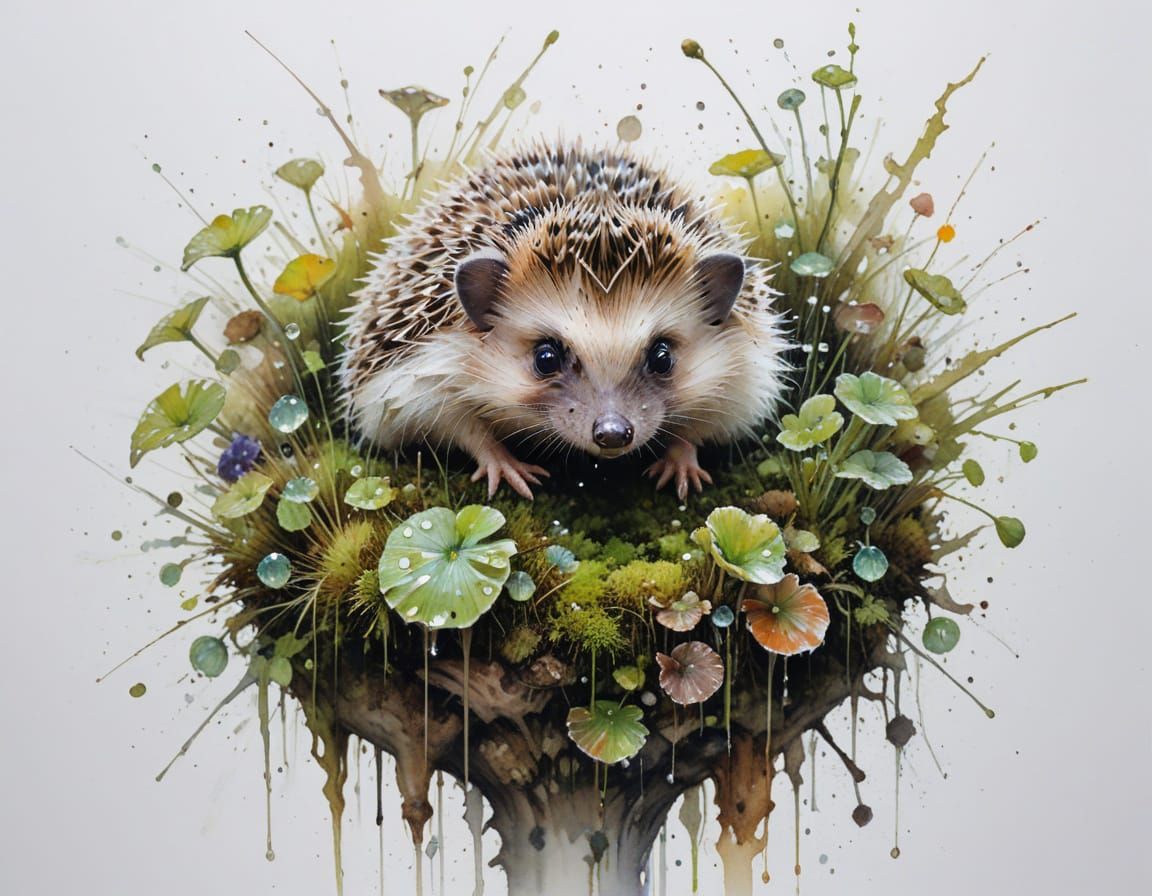 Curious Hedgehog Peeking from Under Toadstool, Watercolour A...