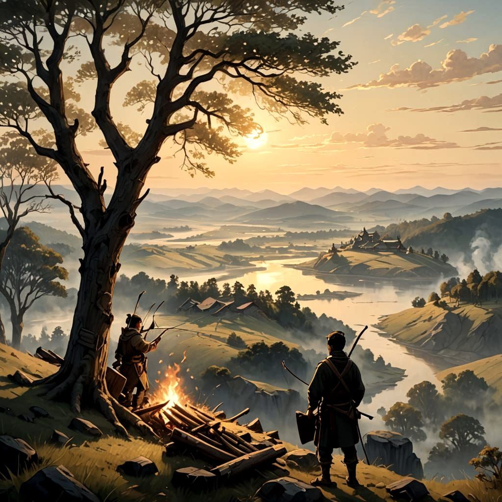 Medieval Archer Contemplates Camp in Anime Oil Painting