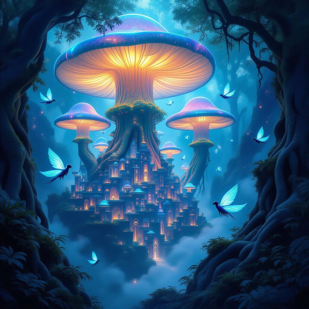 Bioluminescent Mushroom Canopy Over Hidden Root City