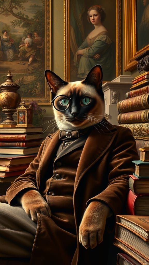 Edwardian Siamese Cat in Lavish Parlor, Portrait Painting