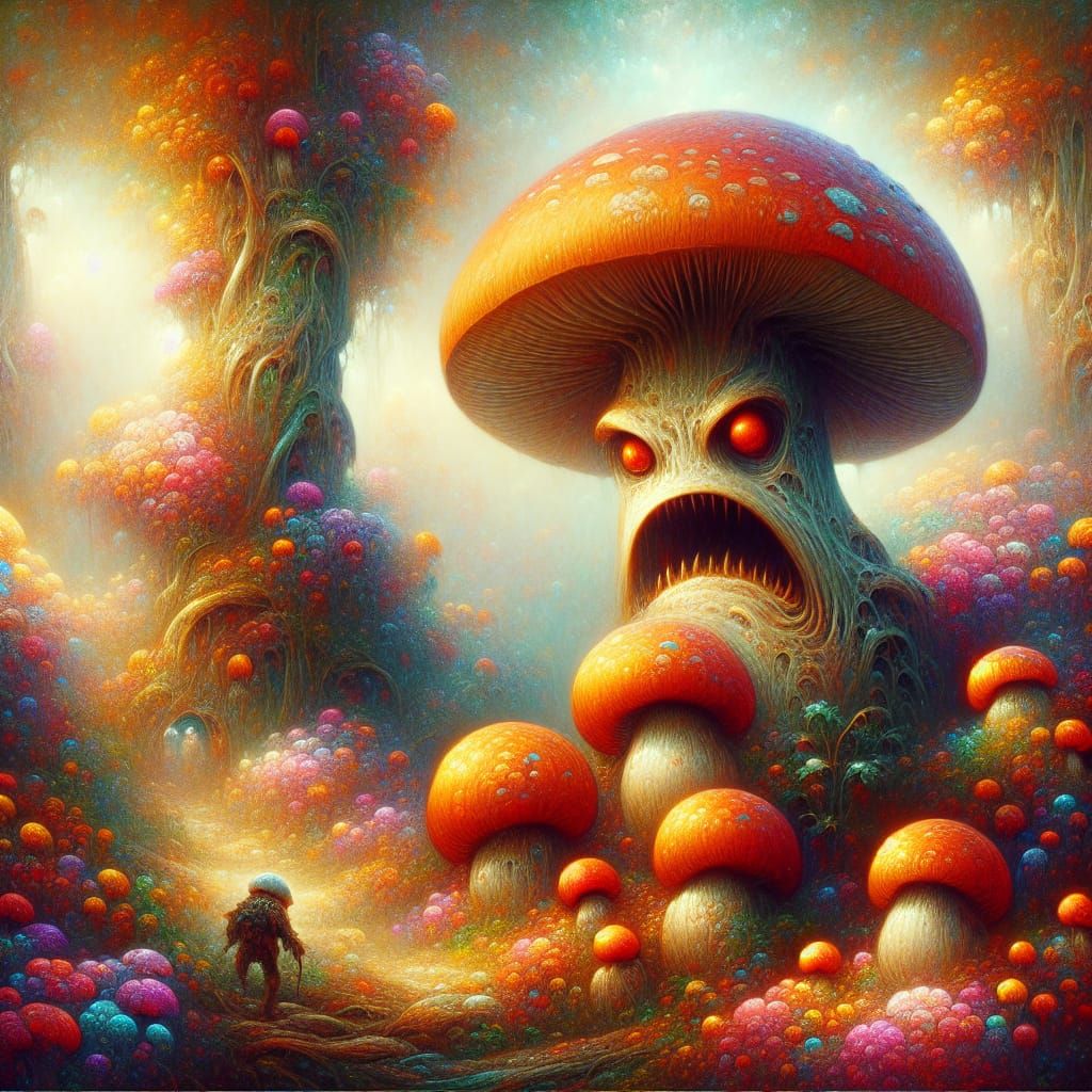 Ethereal Deathcap Mushroom Strides through Idyllic Garden