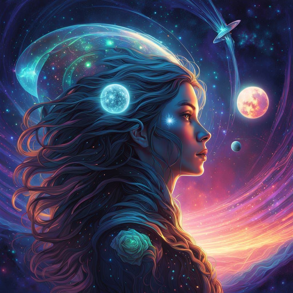 Goddess of the Cosmos in Vibrant, Neon-Lit Space