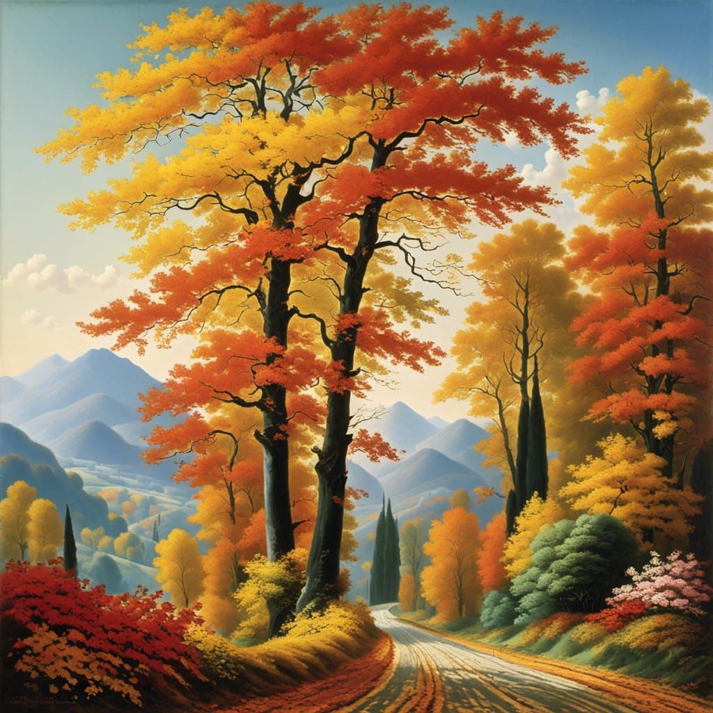 Surreal Autumn Mountain Scene Inspired by Magritte